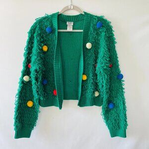Mighty Fine Womens Green Pom Pom Loopy Knit Open Front Cardigan Sweater Size L